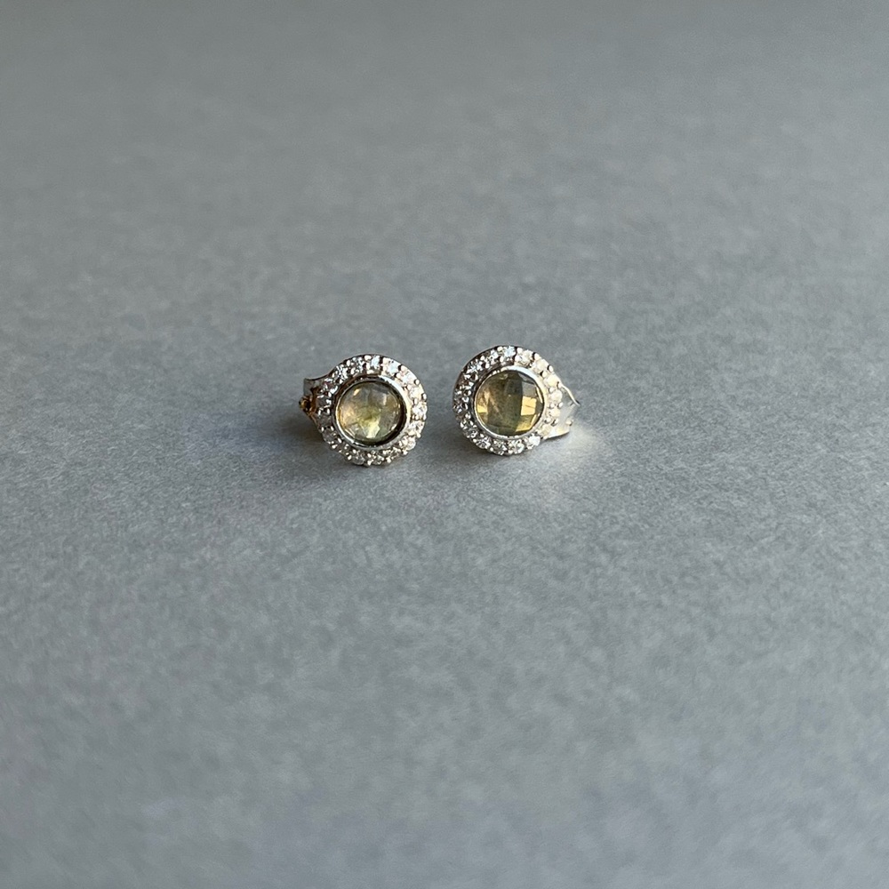 💫 Luxe Labradorite! Rhodium Plated Labradorite and CZ Halo Stud Earrings
